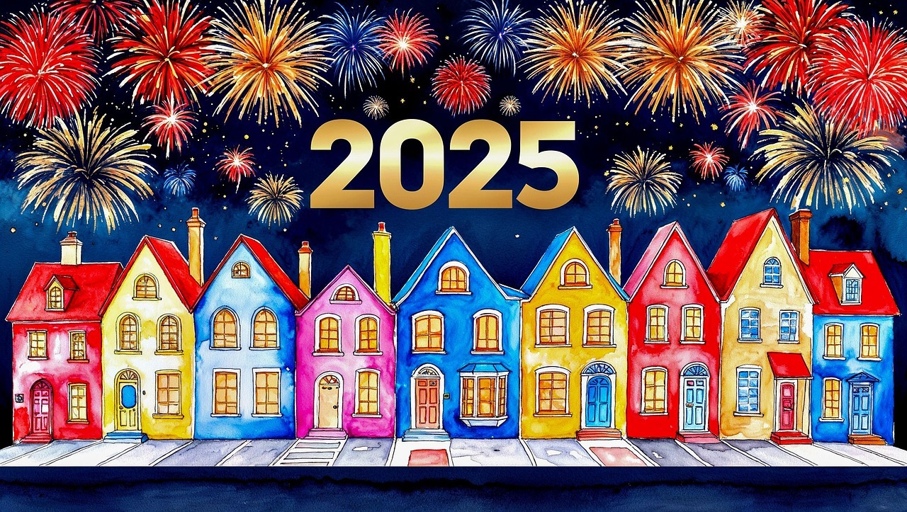 ai generated, new year's day, 2025, to celebrate, party, fireworks, year, beginning of the year, houses, new year's eve card, multicoloured, drawing, watercolor